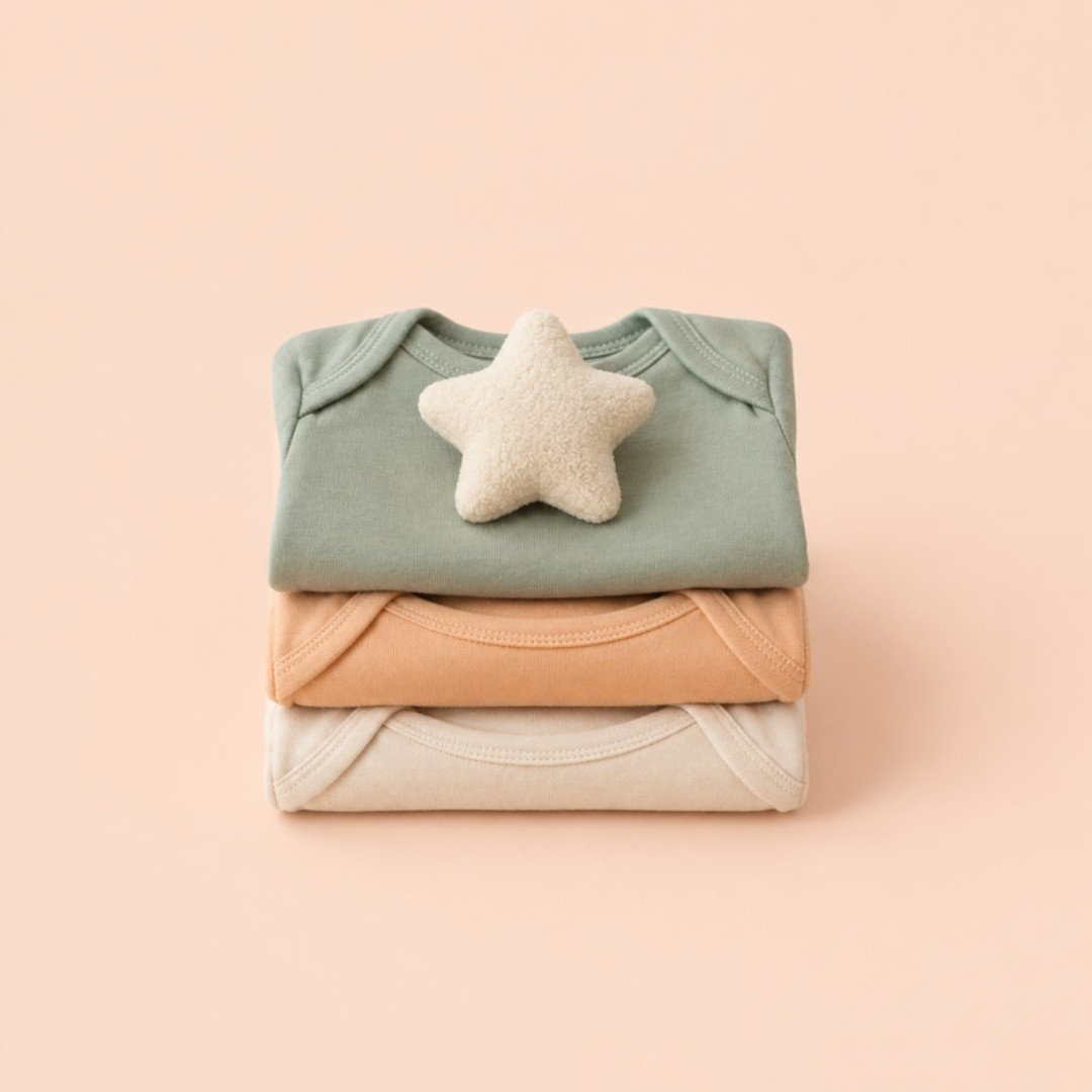 Folded baby bodysuits in sage, apricot and cream