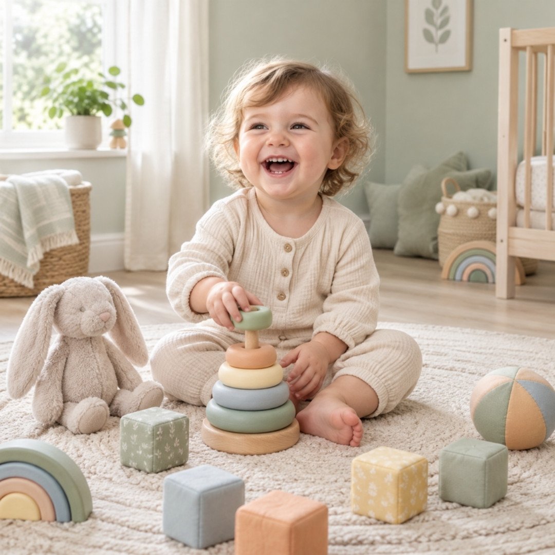 Smiling toddler stacking pastel rings beside a soft bunny